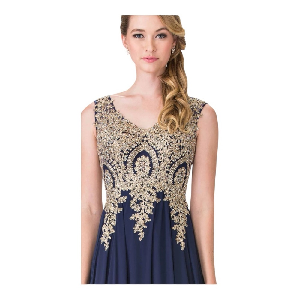 Elegant Navy and Gold Embellished Evening Gown